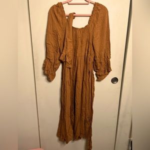 Soft Yellow Autumn Cinch Sun Dress with Sleeves